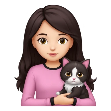 Uma menina com cabelo cacheado longo preto com olhos castanhos pele morena vestindo uma blusa rosa  segurando um gatinho  sticker