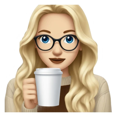 Blonde balayage long hair white women beige sweater blue eyes and small glasses holding coffee sticker