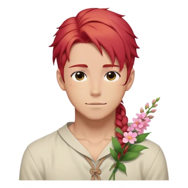 red hair with a thin side braid anime style handsome sexy gojo guy with blushing face and flowers aesthetic trending style outside sticker