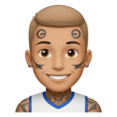 man with small face tattoos, cheerful expression, wearing a jersey sticker