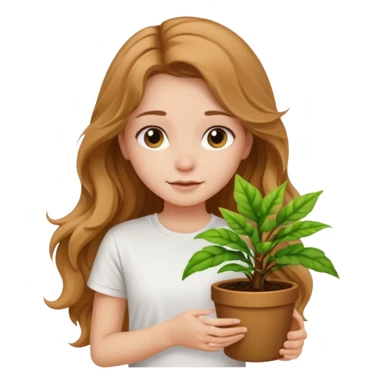 Girl with long light brown very very wavy hair and white t-shirt with plant sticker