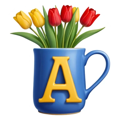 Blue mug with letter A and tulips laying in front  sticker