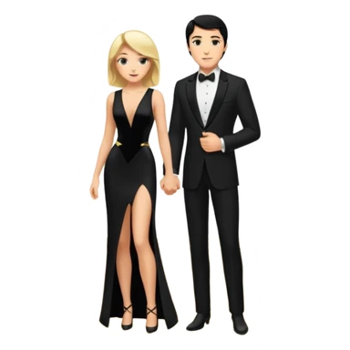 Blonde woman, black, Long, tight, sleveless Dress, Slot left Leg, man, black Hair, in Dinner jacket, Background ballroom sticker