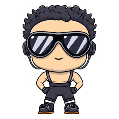 shirtless male athlete with white skin and moderately curly black hair on top with shaved sides, wearing black ski goggles with very dark heavily tinted black lenses that completely hide the eyes, and a simple plain black chain necklace, no earrings sticker