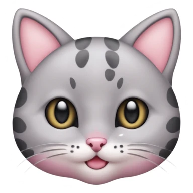 Cute emoji of a small gray cat with black spots, big shiny kawaii eyes, tiny pink nose, and a sweet smiling expression. Minimalist design, clean vector style, high resolution, soft pastel colors, with a transparent background. sticker