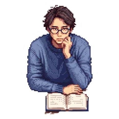 Flat pixel are, calm and curious male thinker, light skin, short tousled dark hair, round glasses, focused expression, wearing an indigo sweater, seated at a desk with open books, one hand resting under his chin in thought, waist-up, front-facing sticker