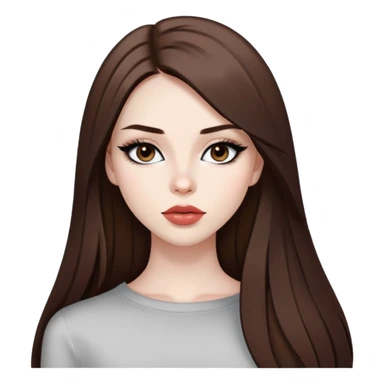 pretty baddie model, brown straight hair, cute lips, pale skin, long hair, dark brown eyes, bold black eyeliner sticker