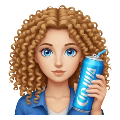 Curly haired, Blue eyed woman holding one alani energy drink can, no straw simple, long hair sticker