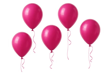 5 palloncini magenta fluttuano in aria isolati su sfondo bianco, iperrealistico 4k sticker