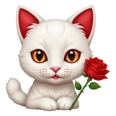 Cute emoji-style white cat holding a red rose in its mouth, big round eyes with visible white sclera, smaller pupils, soft warm brown irises, fluffy fur, clean mascot style, gentle cute expression, centered, transparent background, 1:1 ratio. sticker