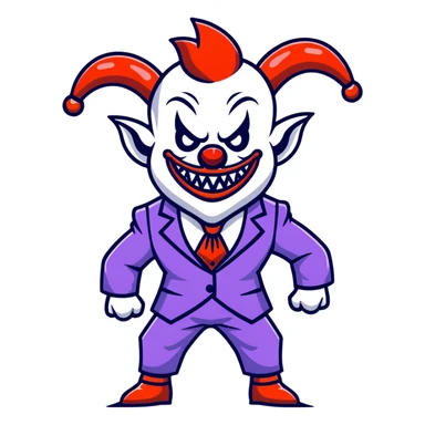 evil clown in a leisure suit with billy goat horns, fangs, pointed ears, standing in a fighting posture, battle-ready soldier sticker