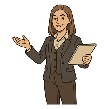confident female character with straight light brown hair just below shoulders, smiling, wearing academic-inspired outfit with smart blazer or vest, light blouse, comfortable pants, standing like quest guide or mentor, holding a scroll or digital tablet sticker