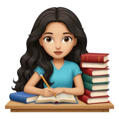 a pretty tan bratz girl with black wavy long hair studying. Pile of books on the table. No glasses sticker