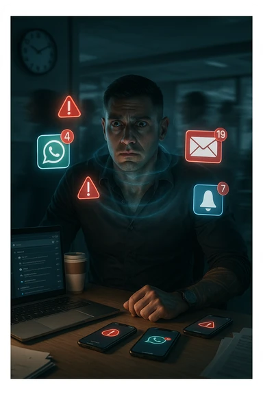 A highly realistic, cinematic portrait of a young man in his early 30s with a tired, tense expression, sitting at his modern office desk surrounded by multiple smartphones with glowing notification bubbles (WhatsApp, emails, alerts) hovering around him like aggressive neon icons. His posture is hunched, shoulders raised, eyes slightly wide, and jaw clenched, representing constant hyper-vigilance and stress. The environment is a cold, cluttered workspace with a laptop displaying endless emails and Slack notifications, coffee cups stacked nearby, and a clock showing late hours, symbolizing the relentless pace of modern work life. Behind him, ghostly blurred figures rush by in a fast-motion effect, representing the constant rush and societal pressure. A faint, tight grey aura wraps around his chest and head, symbolizing blocked breathing and mental tension, while faint blue light tries to push through, representing the body’s desire to find calm. The lighting is harsh and cool, with a 35mm hyperrealistic film style, shallow depth of field focusing on the man’s stressed face and the floating notifications, illustrating the modern trap of always being on alert. sticker