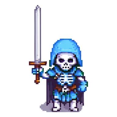 skeleton warrior wielding a sword, pixel art style sticker