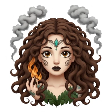 woman with long curly brown hair, brown eyes, white skin, tattoos, forest spirits shaped like smoke animals circling her sticker