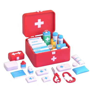 emergency first aid kit box open with medical supplies sticker