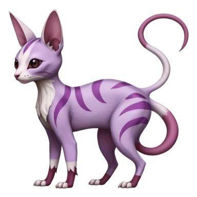 Purple, white, black, Minccino-Sphynx-Lykoi-Linoone-Zangoose-fusion-hybrid-animal-Fakémon-creature, full body, thin long sleek scaly tail, intricate markings sticker