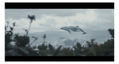 A cinemaatic still of a city, blurred plants in the foreground, huge whales fly above city sky, rolling hills in the background, cinematic depth of field, layered composition, natural lighting sticker