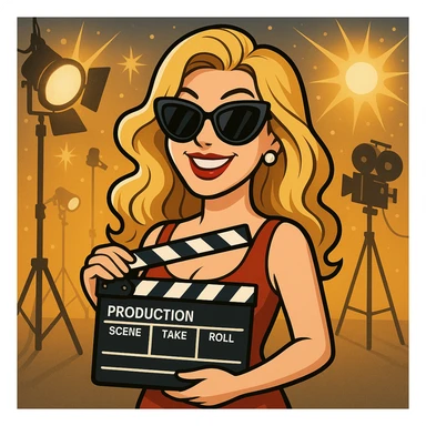 a cartoonish Hollywood film star with sunglasses and a movie clapper sticker