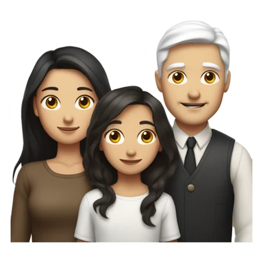  a woman with long brown hair, a man with white hair and a round face, and a young girl with long black hair standing between them, representing a family unit sticker