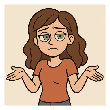 cartoon girl with long brown wavy hair, green eyes, shrugging, neutral expression, upper body, simple background sticker