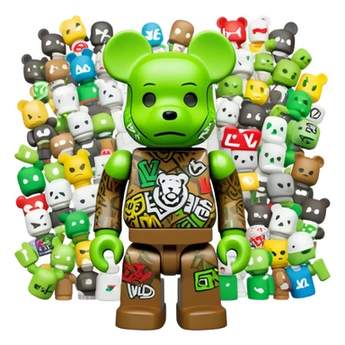 classic bearbrick figure with lime green mask filled with overlapping brand logos in wild graffiti style, street art aesthetic, many random logos like LV, Supreme, Nike all over the mask, bold eyebrows sticker