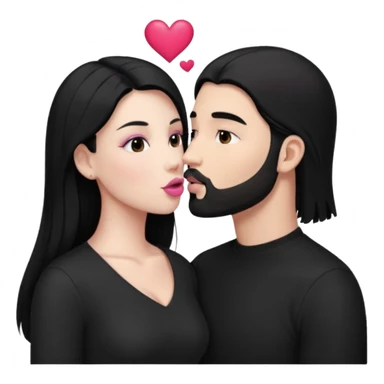 👩🏻‍❤️‍💋‍👨🏻 this one but the man should be bald. white woman with long black hair and white bald young man whoitiut hair and a heart between their heads. she has pink lips and both have brown eyes. he has e full beard but short. both wear black  sticker