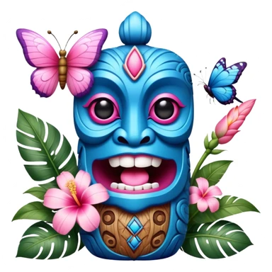 Pixar style little Blue and pink tiki singing with a butterfly and tropical flowers, ultra detailed and lifelike imagery, realistic sticker