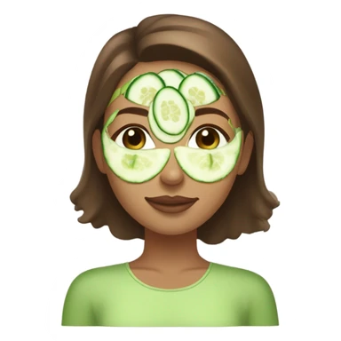 Girl with freackles Brown hair white skin Tone and blue eyes wears Green skin care mask while She relaxes and cucumber on her closed eyes sticker