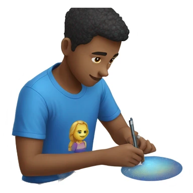 an boy in blue tshirt designing with a drawing tablet sticker