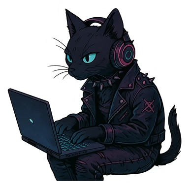  [[[it's a black cat typing at a laptop]]], , punk gothic style, futuristic cyberwave cyberpunk, sitting position
 sticker