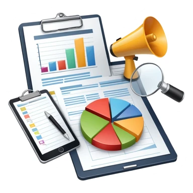 An icon featuring a pie chart, a megaphone, and a clipboard with strategy plans, symbolizing management and marketing. The design includes upward-trending graphs set against a modern office backdrop. Transparent background emphasizes business strategy and communication. sticker
