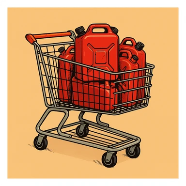 Сгенерируй мне тележку из магазина с красными канистрами бензина   на однородном фоне в стиле чуть чуть  комикса. Канистра стоит четко прямо. без надписей sticker
