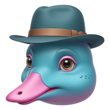 cute light blue turqiouse platypus head, mysterious with very big eyes with a detective hat and monocle on his eye, no  hands, looks like a platypus but blue, the hat and suit are pink sticker