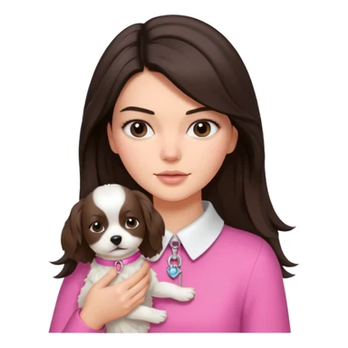 brunette woman with flowing hair Kendall Jenner lookalike holding a small white dog with a pink collar sticker