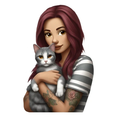 Beautiful burgundy haired tattooed woman holding gray and white striped long hair cat sticker