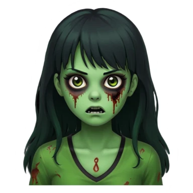 faça uma garota na forma de zumbi com a pele verde, assustada e com os olhos pretos escuros, com o cabelo preto longo e com franja e a roupa decotada preta sticker