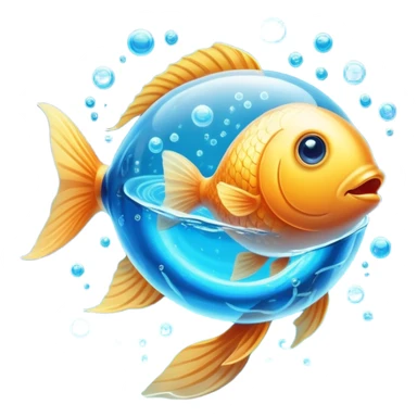 Golden fish in blue water transforming into an omega-3 capsule, with ethereal energy connecting to a heart and brain, showing the origin of omega-3 from fish sticker
