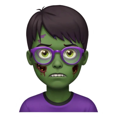 Menino zumbi com cabelo castanho escuro com franja, olhos castanhos, camisa preta larga, pele verde e óculos lilás sticker