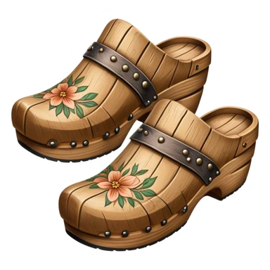 Cinematic Realistic Wooden Clogs Emoji, depicted as a pair of traditionally carved weathered wooden clogs with intricate details and rustic charm, rendered with rich textures and warm natural lighting that captures their cultural heritage. sticker