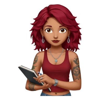 a pretty tan indian bratz girl with messy dark wavyred hair, wearing a dark red tank top, layered silver necklaces. Carrying multiple sketchbooks and pens, tattoos on arm sticker