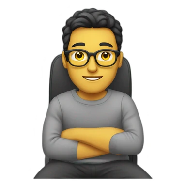 White man with yellow tinted glasses and black hair in a gray jumper and sitting on a chair sticker