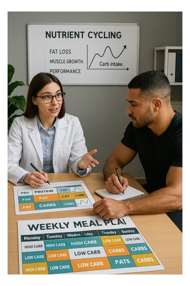 a nutritionist explains to an athlete how to cycle macronutrients for fat loss and training. On the desk, a weekly meal planner shows alternating high-carb and low-carb days, with color-coded sections for proteins, fats, and carbs. The athlete takes notes, and a chart in the background illustrates the benefits of nutrient cycling. The mood is professional and educational. scritto in italiano sticker