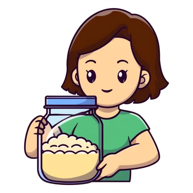 designer woman with brown hair holding a big glass jar of rice sticker
