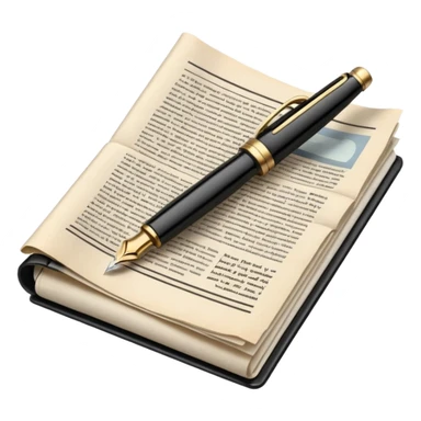 an open newspaper or a stack of articles with visible text columns, symbolizing opinion pieces and analysis. A classic fountain pen should be placed near the papers, indicating the act of writing. Use neutral colors like black, white, and beige. sticker