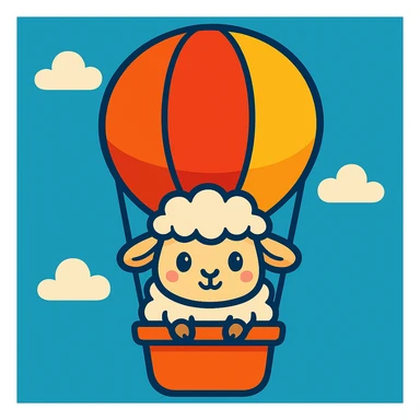 a cute sheep in a hot air balloon, playful style, vibrant toon illustration sticker