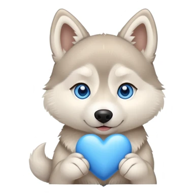 Beige husky with blue eyes holding a blue heart sticker