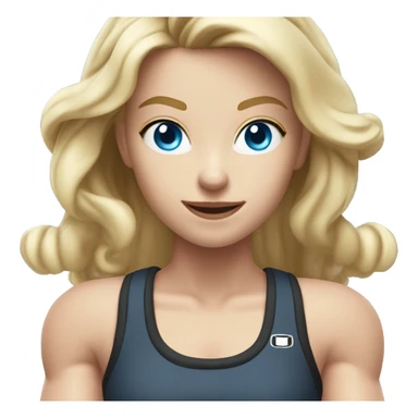 Close up Actively gesturing  with hands Pale skinned Fit woman With the biceps and blonde hair in dark gray Sleeveless Mike, black sports shorts, watch and white Sneakers and Blue Eyes  sticker