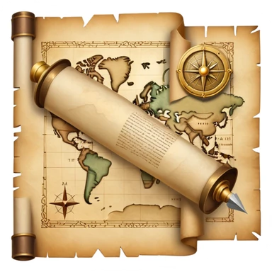 An icon featuring an ancient scroll, a quill, and a historical artifact like a shield or coin. The design includes a backdrop of old maps and timelines, symbolizing the study of past events and civilizations. Transparent background highlights the exploration of history. sticker